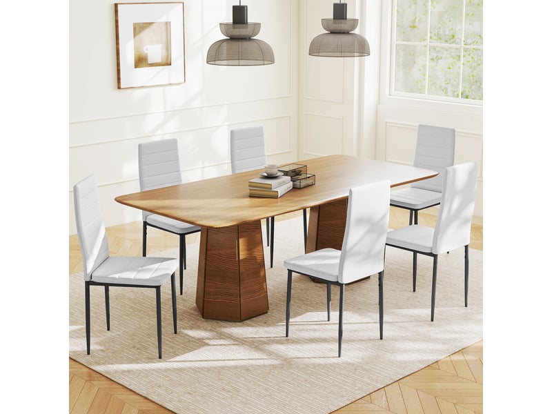  Lot de 6 chaises de salle à manger modernes revêtues de lin synthétique, avec dossier haut et pieds en métal, 41 x 50 x 97 cm, blanches  - Conforama C