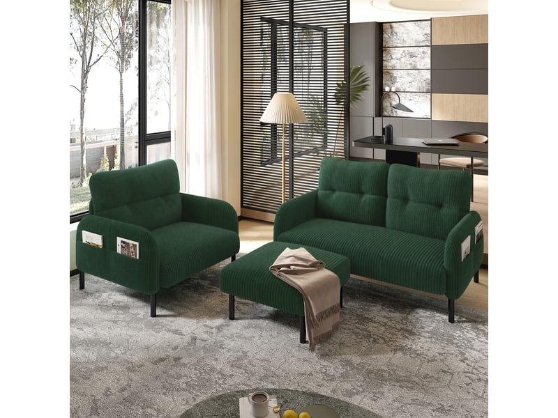 Canapé 2 places en velours côtelé vert émeraude avec fauteuil et pouf modulables pour salon - Conforama B
