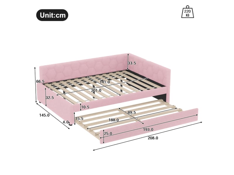  Lit gigogne 140x200 cm avec lampe de chevet et ports usb, rose  - Conforama E