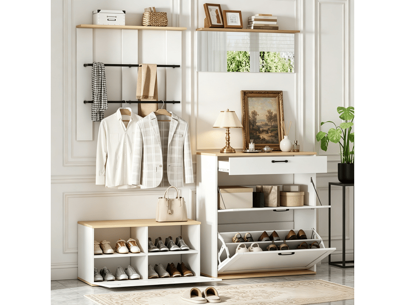  Ensemble vestiaire tcqpz modulable avec meuble à chaussures miroir et rangement 156 x 36 x 176 cm mdf blanc et bois naturel  - Conforama E