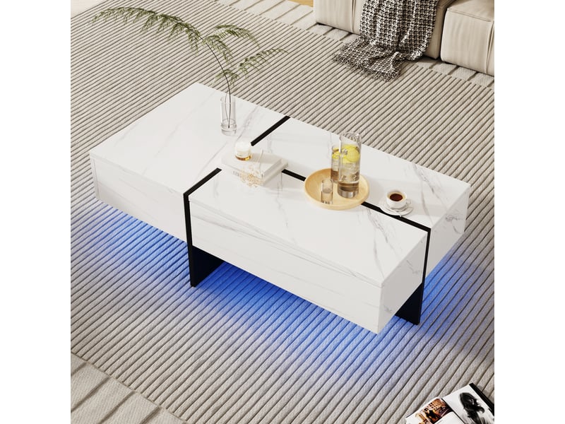  Table basse effet marbre blanc brillant avec led contrôlable par application, 3 tiroirs, 100x50x34.5 cm  - Conforama R
