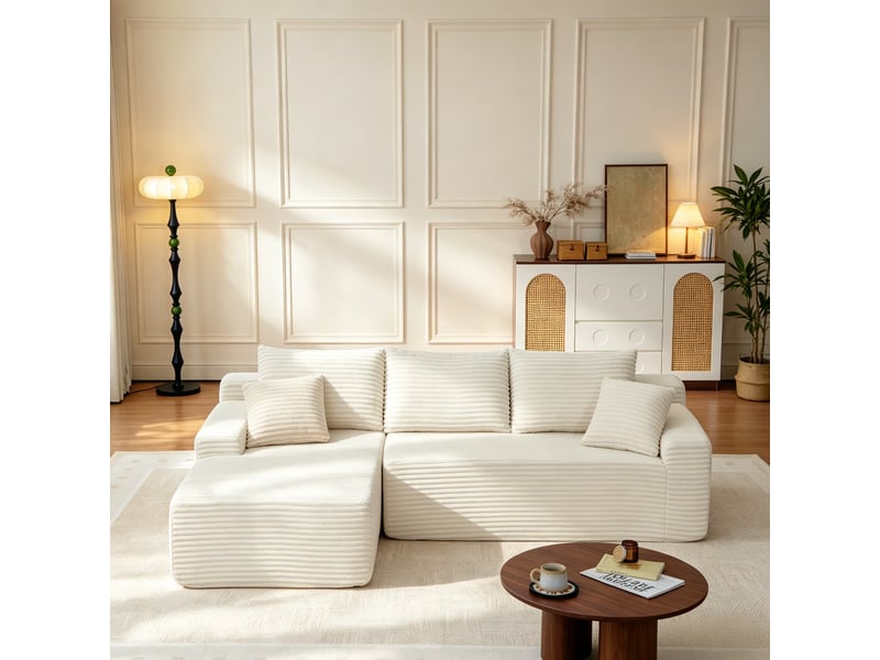  Canapé d’angle, modulaire en velours côtelé, bas luxueux, compact mousse, gauche, salonchambre, 79x239x156 cm, beige  - Conforama D