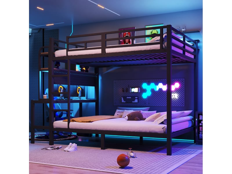  Lit superposé 140 x 200 cm, bureau, rangements, led pilotable, usb, garde-corps, échelle, métal, mdf, noir, sans matelas  - Conforama B
