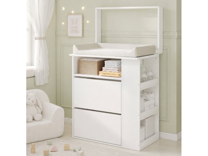  Commode à langer avec 2 tiroirs et espaces ouverts, plateau amovible, pour chambre bébé, en mdf, blanc, 82 × 50 × 100 cm  - Conforama D