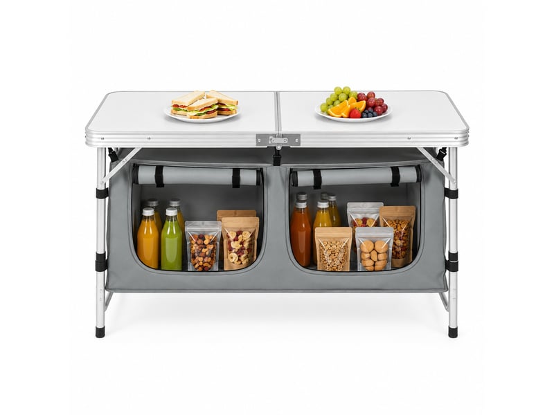 Table de camping ulevr pliante avec sac de rangement suspendu, 120 x 47 cm, hauteur réglable 62 ou 69,5 cm, aluminium et mdf, blanc et gris - Conforama A