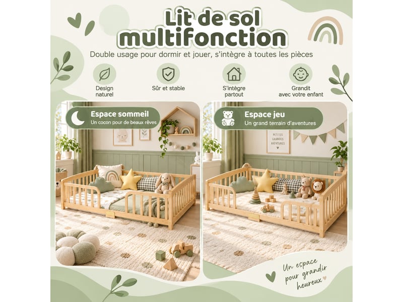  Lit enfant  140x200 cm boisnaturel lit enfant au sol avec barrière de sécurité et sommier  - Conforama B
