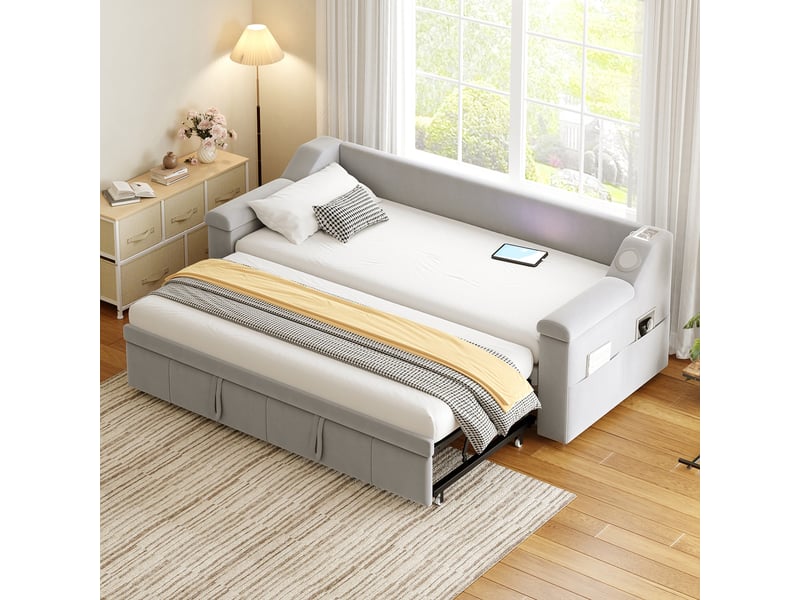  Lit canapé rembourré en velours gris 90x190 cm  - Conforama B