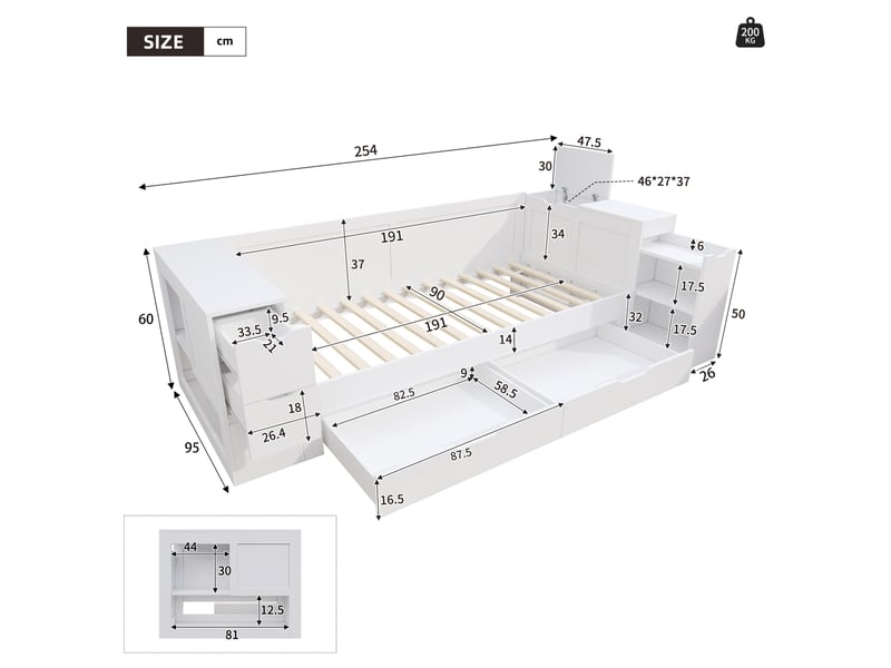Lit simple enfant 90x190 cm – blanc – tiroirs, rangement latéral et table coulissante – sans matelas - Conforama C