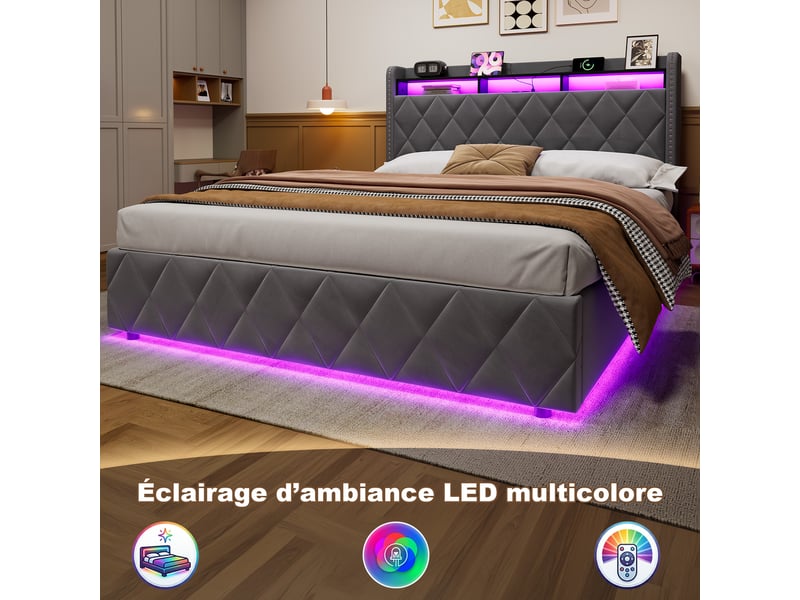  Lit coffre 160x200 cm, hydraulique, tête losange, rangement et led, étagère intégrée, velours gris, sans matelas  - Conforama E