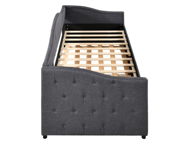  Lit banquette 90x200 avec lit gigogne, canapé lit en lin gris, structure mdf, lit simple gris pour chambre d'amis  - Conforama D