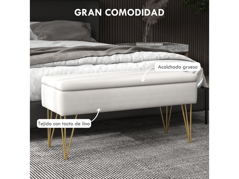  Banc de pied de lit recouvert de lin synthétique avec pieds en acier et assise rembourrée en crème  - Conforama E