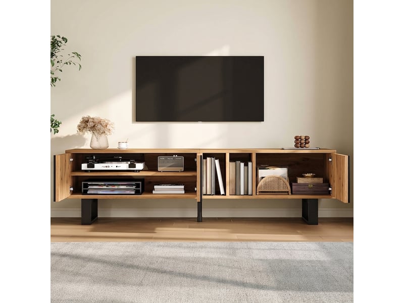  Meuble tv 160 cm bois naturel 3 portes pieds métal noir  - Conforama C