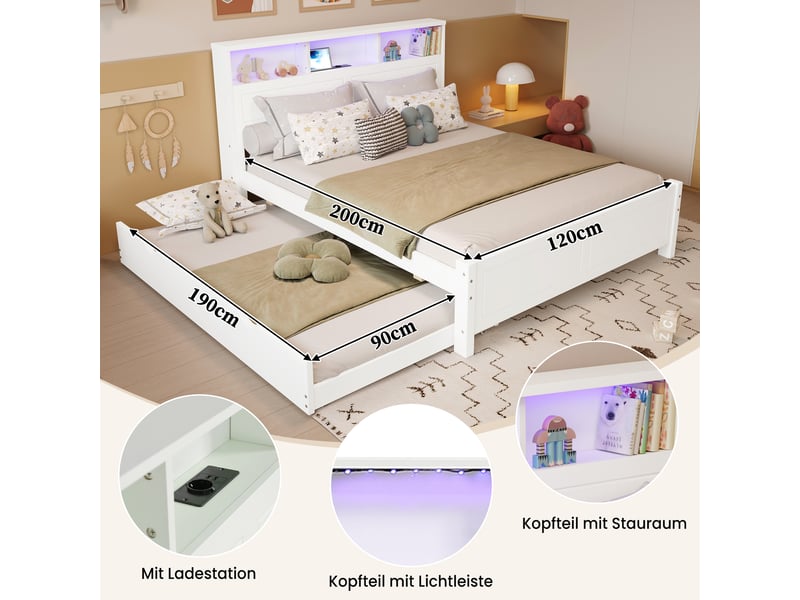  Lit gigogne blanc avec led et usb, lit principal 120x200 cm, sommier inclus  - Conforama D