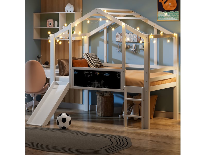  Lit mezzanine enfant 90x200 cm avec toboggan, échelle et tableau, blanc  - Conforama D