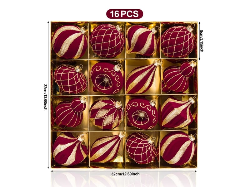  Lot de 16 boules de noël velours bordeaux, 8cm – paillettes dorées, décoration pour sapin et fêtes  - Conforama B