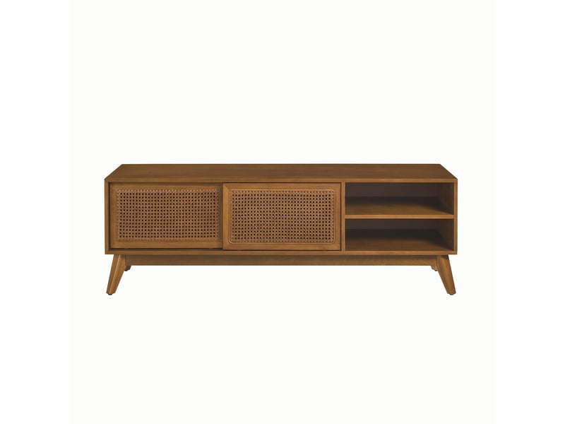  Meuble tv 59 pouces noyer clair, mdf et pieds en bois massif, portes en rotin, pour tv 65 pouces, rangements coulissants  - Conforama A