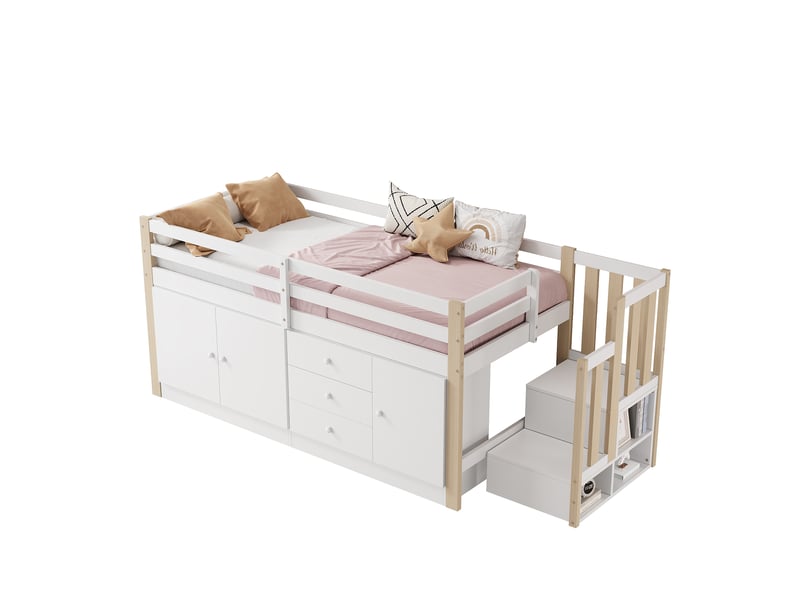 Lit mezzanine enfant 90×200 cm escalier, tiroirs, 2 placards et penderie - sans matelas, mdf - blanc  - Conforama A