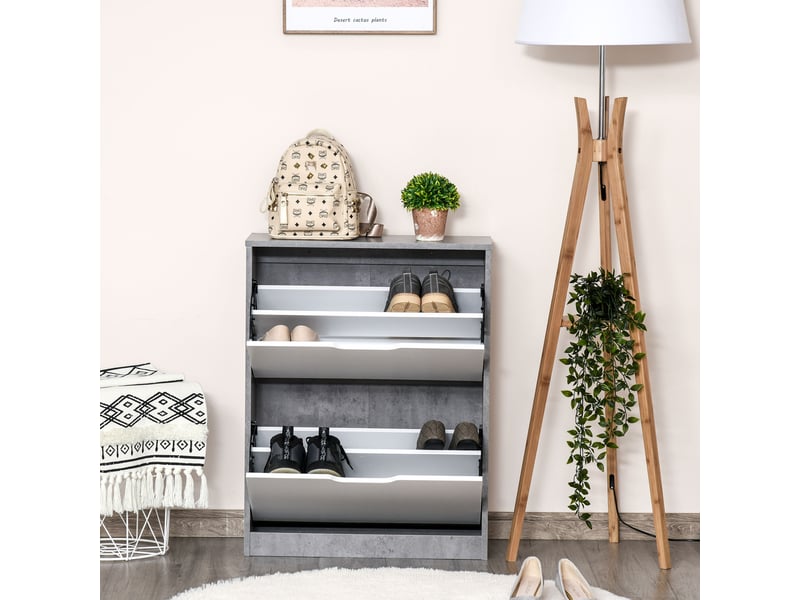  Meuble à chaussures meuble d'entrée placard de rangement, 2 portes abattantes, 62,5 x 26 x 81 cm, gris et blanc  - Conforama D
