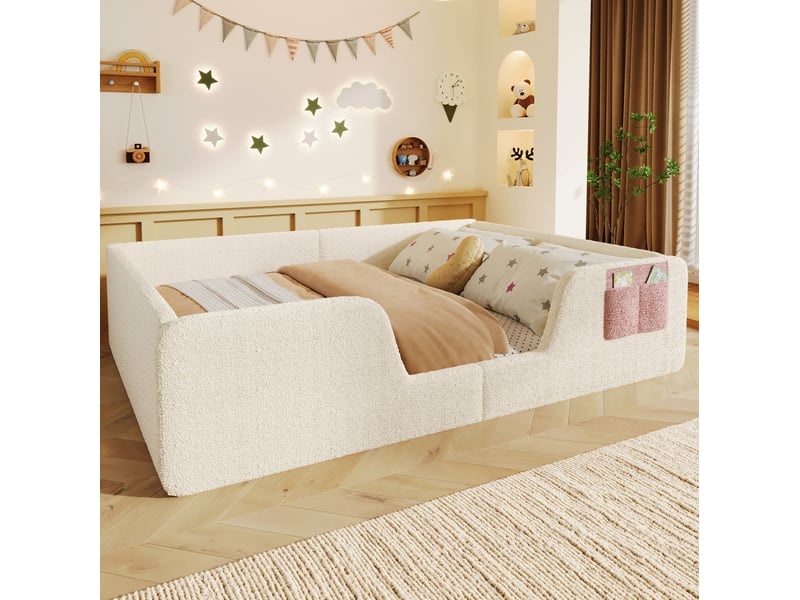  Lit enfant rembourré 140x190 cm avec barrières amovibles coloris beige  - Conforama B
