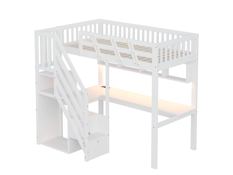 Lit en bois massif 90 x 200 cm, escalier avec rangement intégré, bureau, prise usb et lampe led. Lit enfant, lit adolescent, lit simple, cadre en bois massif, version haute, blanc.  - Conforama A