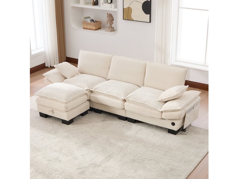  Canapé 3 places modulable en velours côtelé beige avec pouf de rangement  - Conforama D