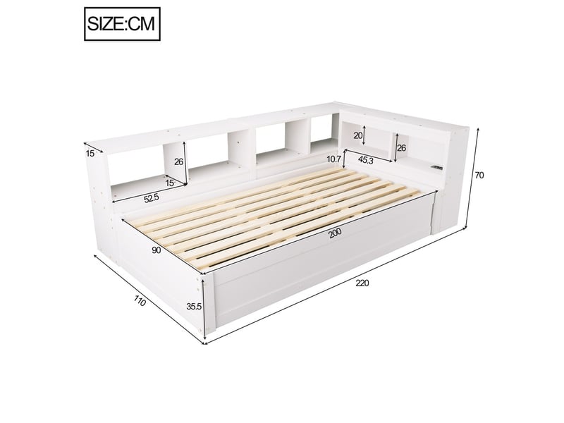  Lit banquette 90x200 cm avec rangements led multicolore prise euro mécanisme hydraulique bois massif blanc  - Conforama C