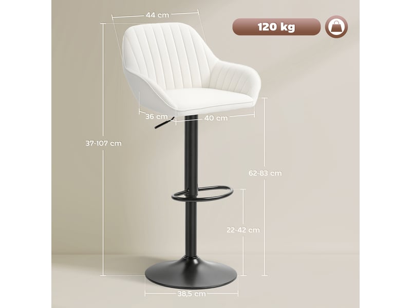 Ensemble de 2 tabourets de bar pivotants, hauteur réglable de 62 à 83 cm, revêtement en velours, dossier et repose-pieds, couleur crème.  - Conforama E