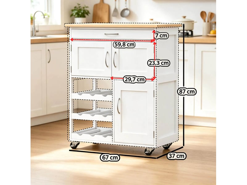  Desserte de cuisine avec 1 tiroir 3 portes et range-bouteilles à roulettes pour cuisine en mdf et métal blanc  - Conforama C