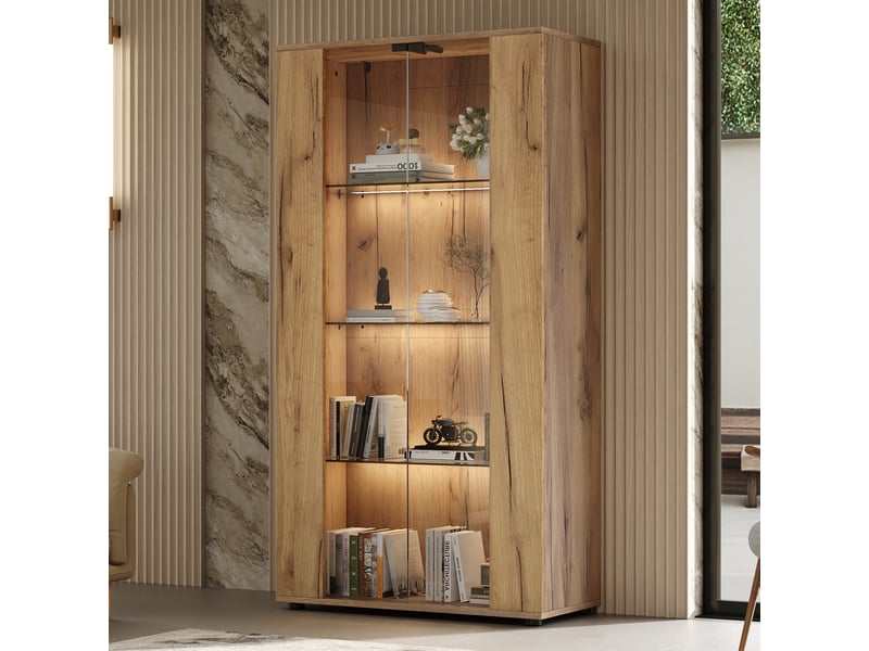  Vitrine led 80x36x150,5 cm avec 2 portes en verre et 4 étagères, éclairage réglable, meuble vitrine en panneau de particules ,naturel OMNIGLINT TRADING LTD - Conforama E