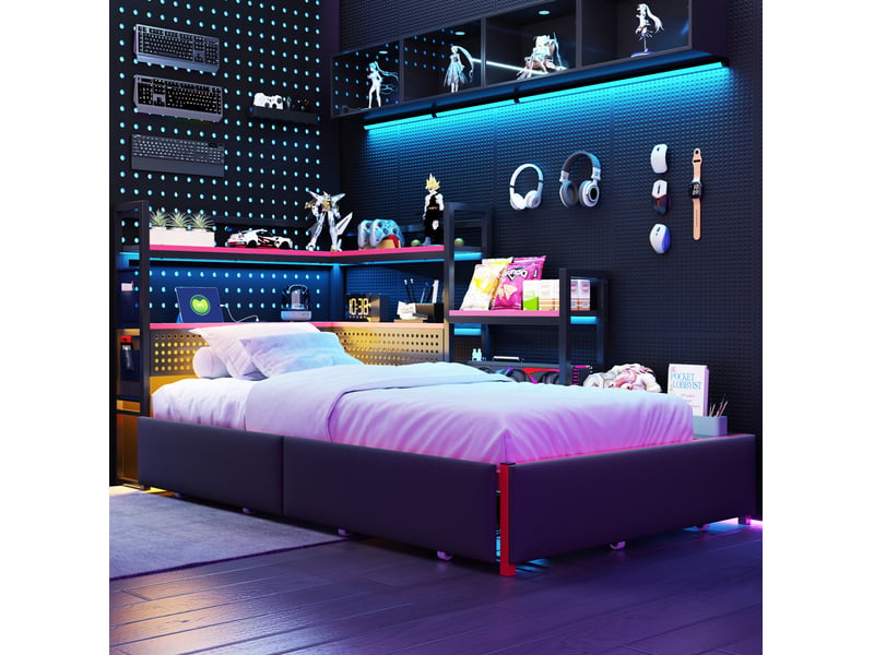  Lit simpple 90x200 cm, style gaming, 3 tiroirs, lit enfant, led, panneau perforé, rangement, métal noir sans matelas  - Conforama R
