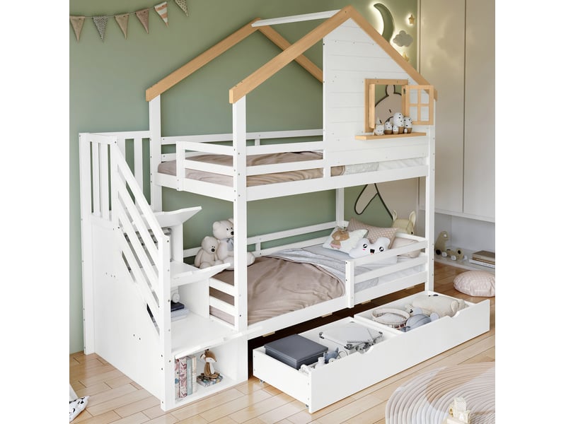  Lit superposé 90x200 cm avec escalier de rangement, pin et mdf, blanc et naturel  - Conforama B