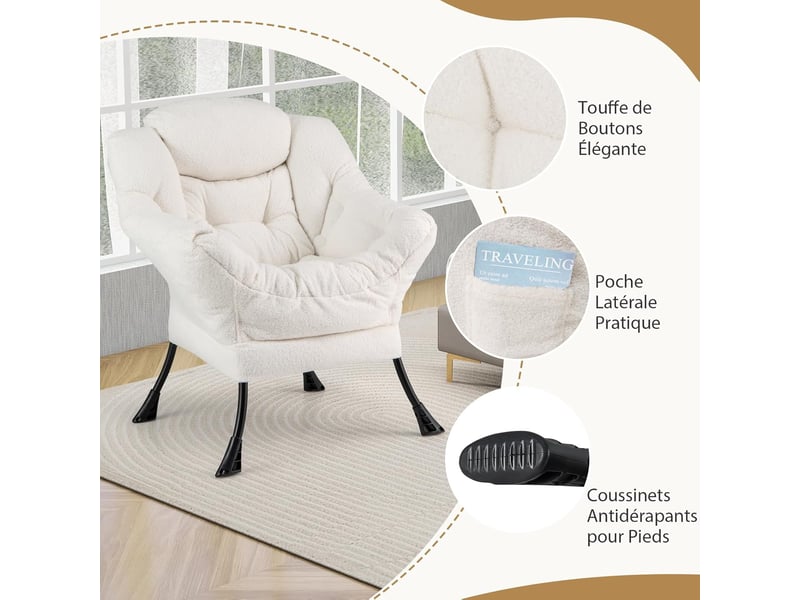 Costway fauteuil salon scandinave avec repose-pieds, fauteuil relax en sherpa avec oreiller et poche latérale, fauteuil chambre pour lecture, cadre en métal pour charger 150 kg (beige)  - Conforama C