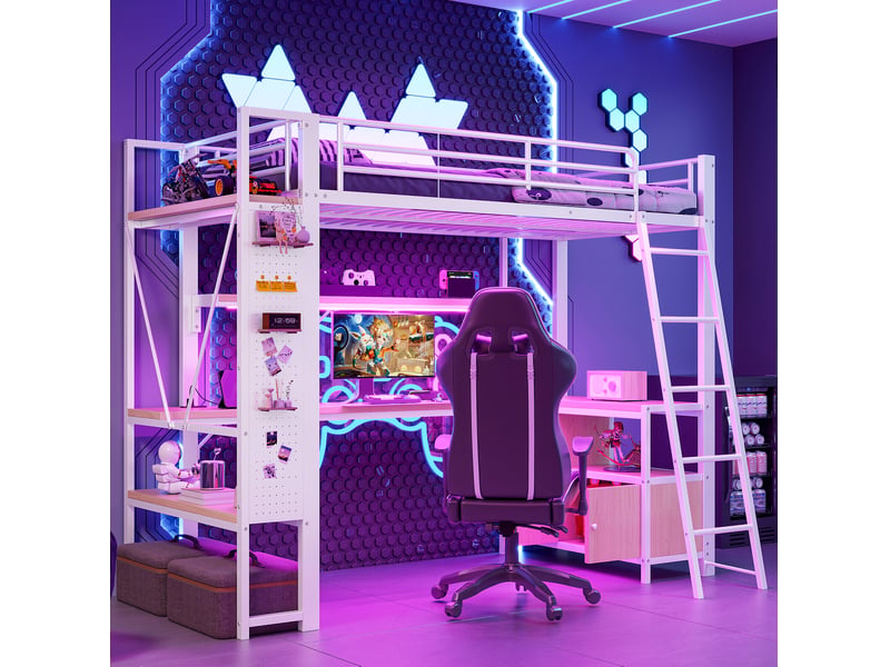  Lit mezzanine 90x200 cm avec bureau, led, rangements et usb blanc  - Conforama B