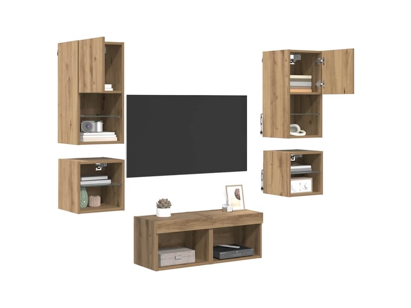 Lot de 8 meuble tv mural, meuble tv suspendu chêne artisanal bois d'ingénierie - Conforama C