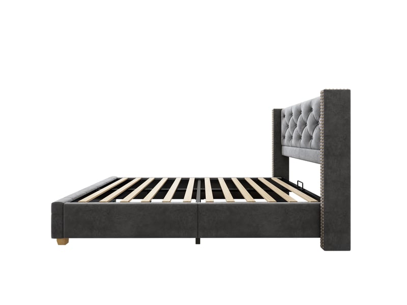  Modenvie lit 1 place capitonné 90x200 cm - velours, tête de lit à clous, sommier inclus, sans matelas - gris  - Conforama E