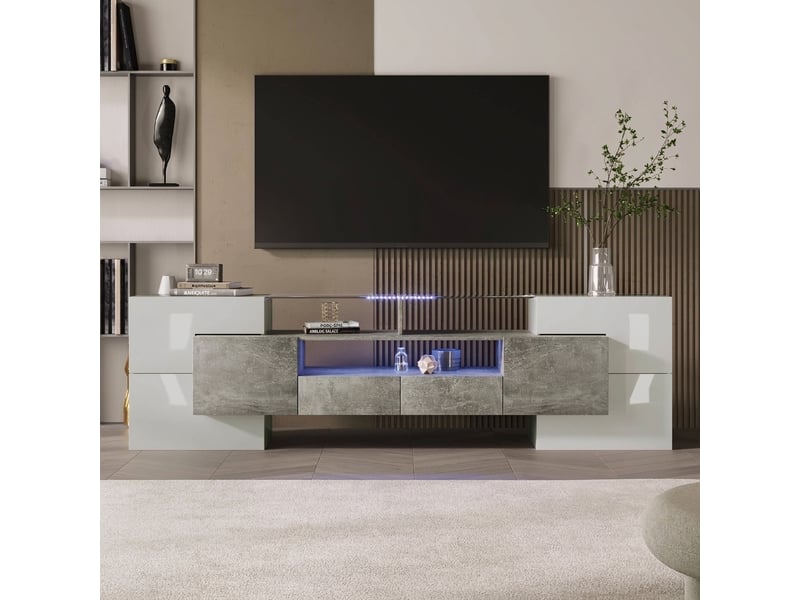  Meuble tv 200 cm blanc brillant et béton avec led multicolore  - Conforama B