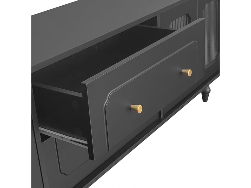  Meuble tv noir 175 cm style rétro avec portes en verre trempé et pieds en métal  - Conforama R