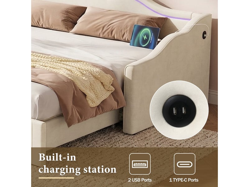 Lit banquette rembourré jour canapé-lit convertible 90x200 cm extensible 180 cm led port usb velours beige  - Conforama E