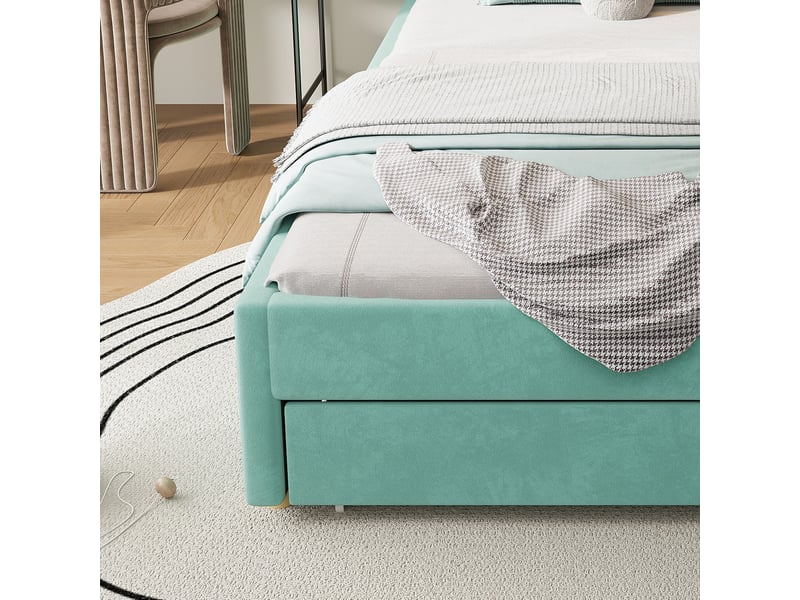  Lit cabane enfant 90x200 cm en velours bleu-vert avec toboggan, led, prise de recharge, tête de lit étagère et coffre chicfurn  - Conforama E