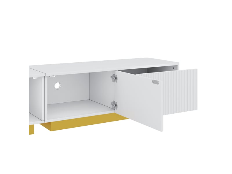 Meuble tv bas avec table basse 2 pièces blanc en mdf et panneaux de particules, façades rainurées, rangement, salon moderne - Conforama R