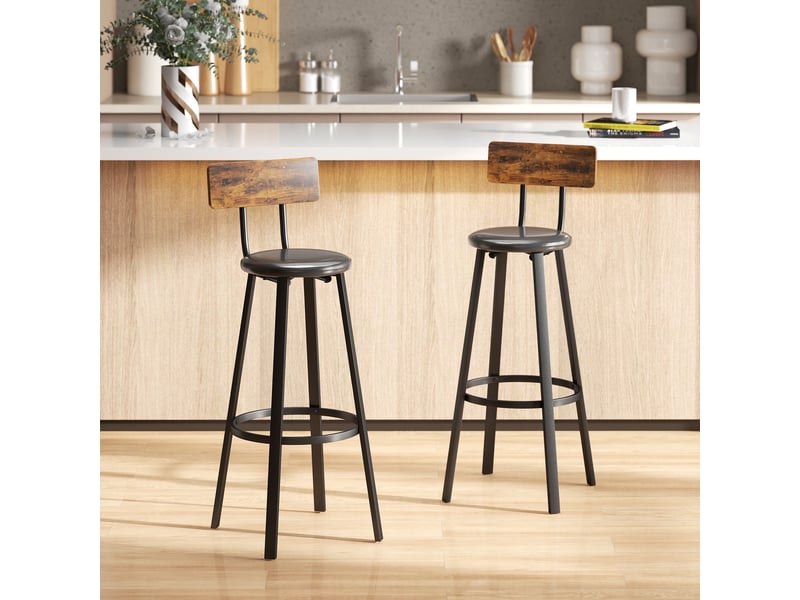  Ensemble de 2 tabourets de bar de style industriel avec dossier, assise et repose-pieds en similicuir, marron rustique  - Conforama C