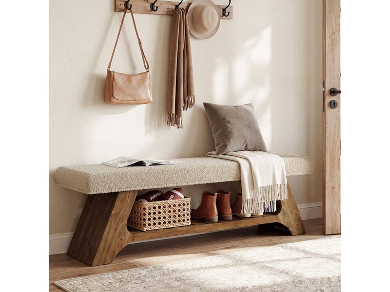  Banc à chaussures rembourré en bois massif avec coussin, 140 cm, pour entrée  - Conforama E