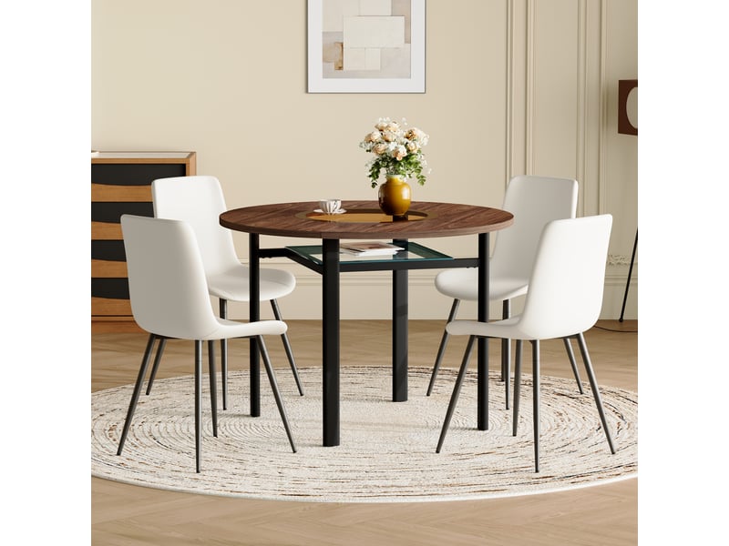 Ensemble table ronde et 4 chaises, plateau mdf effet bois brun avec verre trempé, diamètre 100 cm, sièges blancs en similicuir - Conforama C