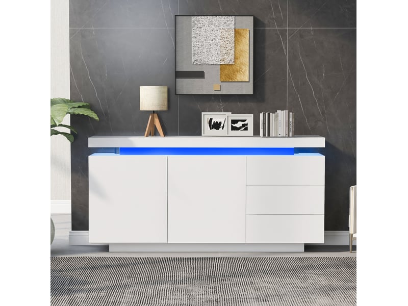  Buffet blanc avec led, 2 portes et 3 tiroirs - 140 x 35 x 72,5 cm  - Conforama B