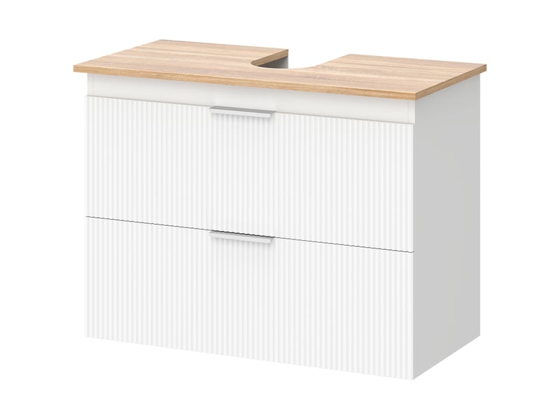  Meuble sous vasque 80 cm blanc, 2 tiroirs et plateau aspect bois, avec découpe pour tuyaux  - Conforama B