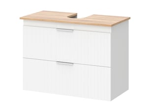 Meuble sous vasque 80 cm blanc, 2 tiroirs et plateau aspect bois, avec découpe pour tuyaux