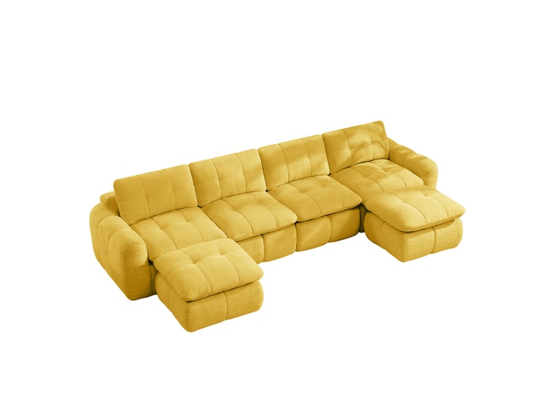  Canapé modulable en u 4 places avec 2 ottomans sans cadre en chenille jaune  - Conforama A