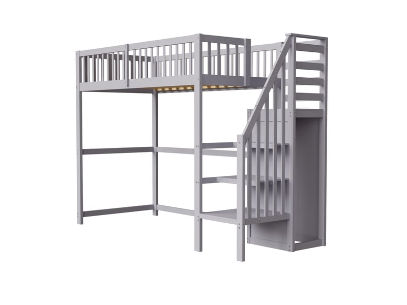  Lit superposé 90x200 cm avec escalier et armoire enfant en bois massif gris rangement intégré Sol Morn - Conforama A