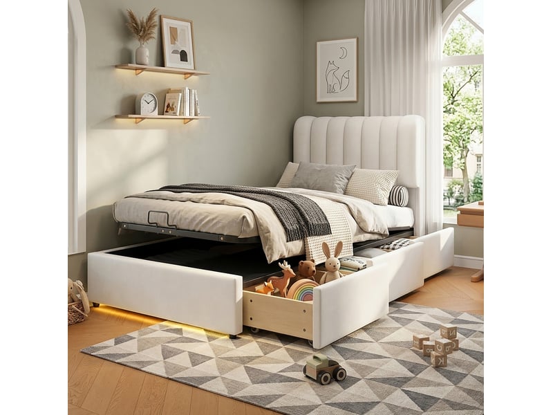  Lit coffre modenvie enfant 90 x 200 cm 3 tiroirs led velours beige  - Conforama E
