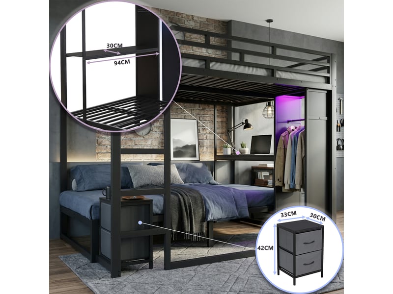Lit superposé 140x20090x200 cm, lit enfant, penderie, échelle, barrière de sécurité, éclairage led, design moderne, métal noir CozyNest - Conforama E